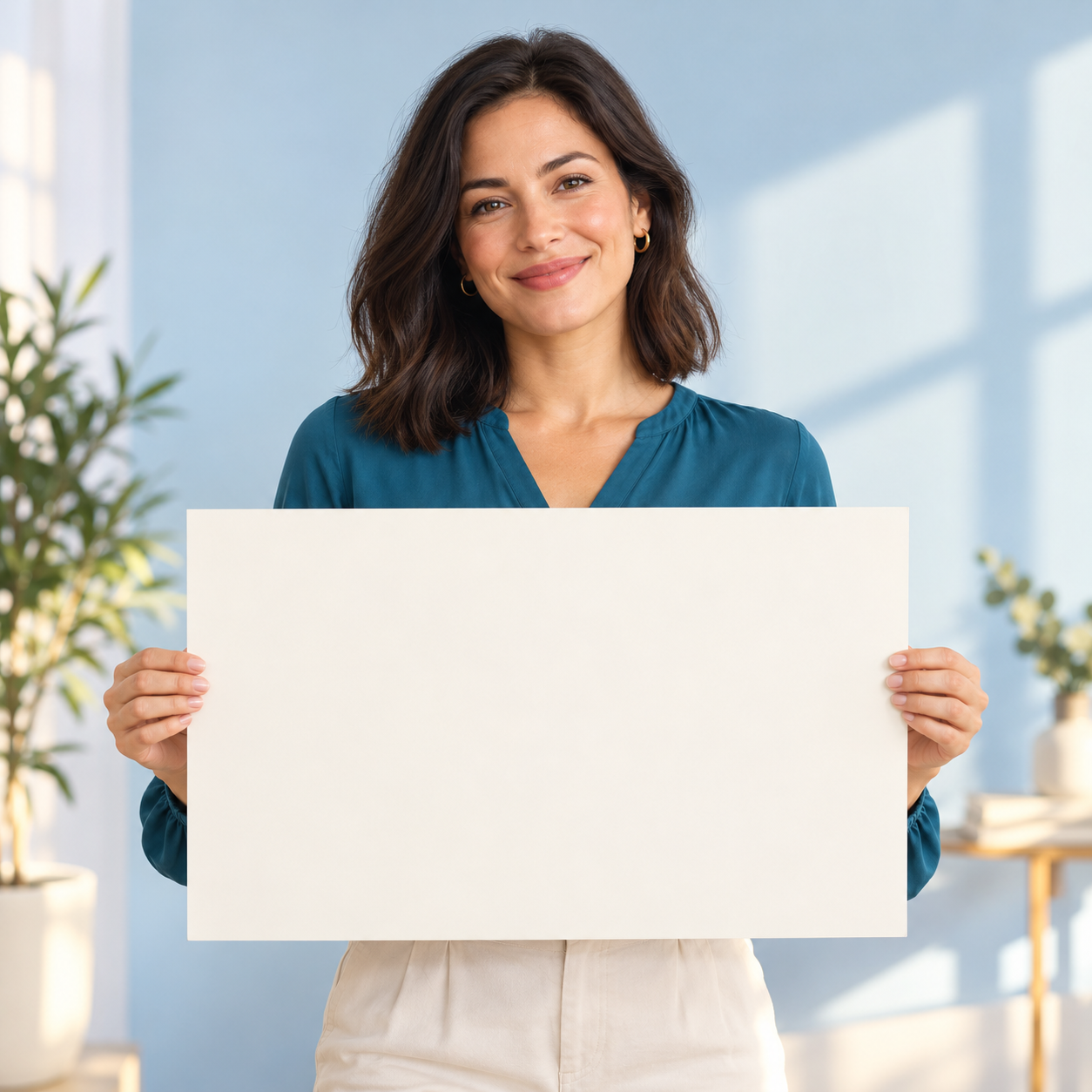 Illustrative entrepreneur holding a personalized greeting card
